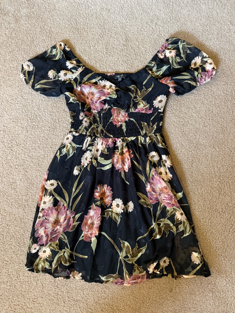 Lily Rose Black Floral Puff-Sleeve Dress with Pink and Cream Blooms